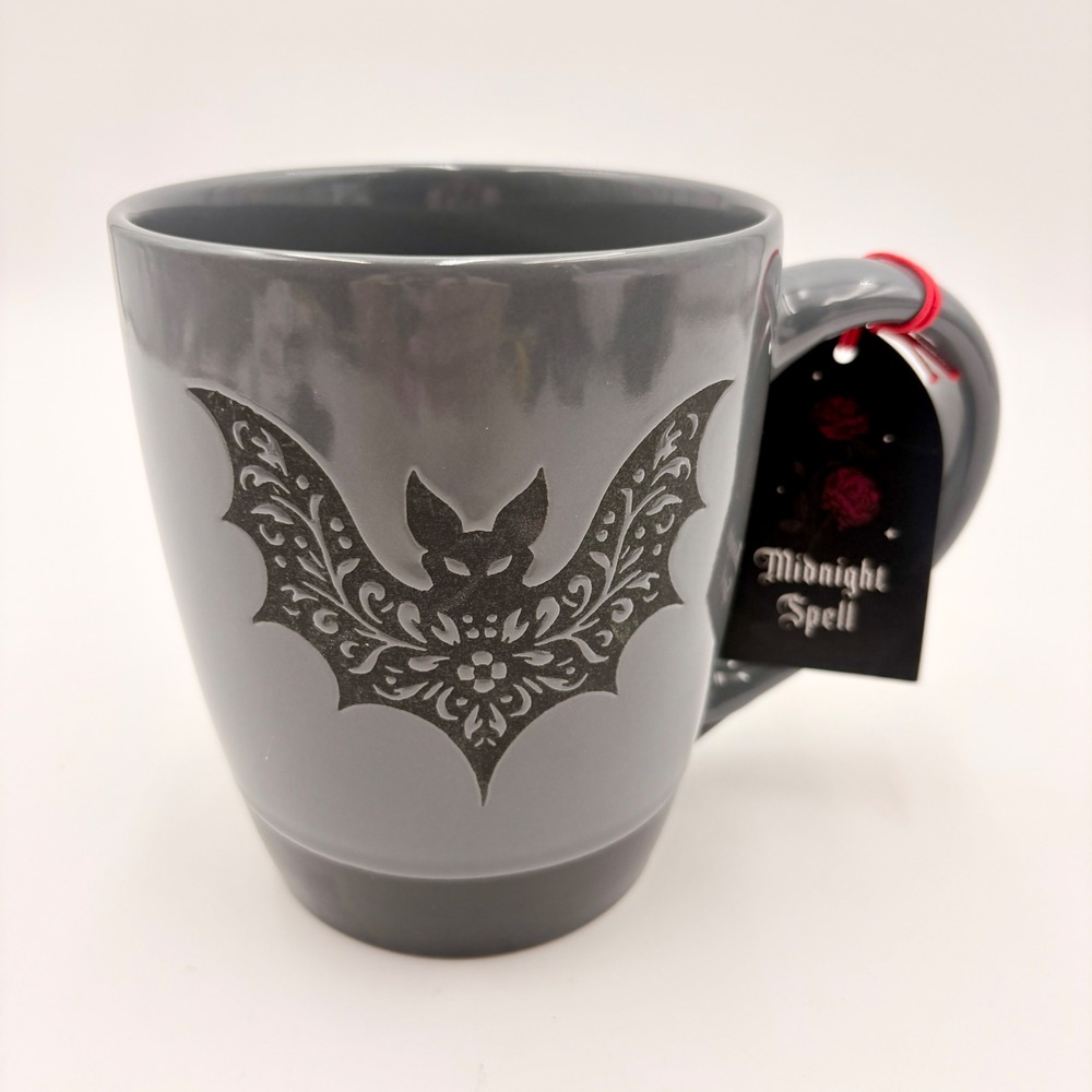 Midnight Spell Gray Stoneware Bat Mug 25oz Gothic Halloween Coffee Cup NEW